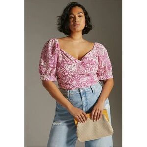 Anthropologie Maeve Floral Eyelet Crop Puff Sleeve Wrap Top